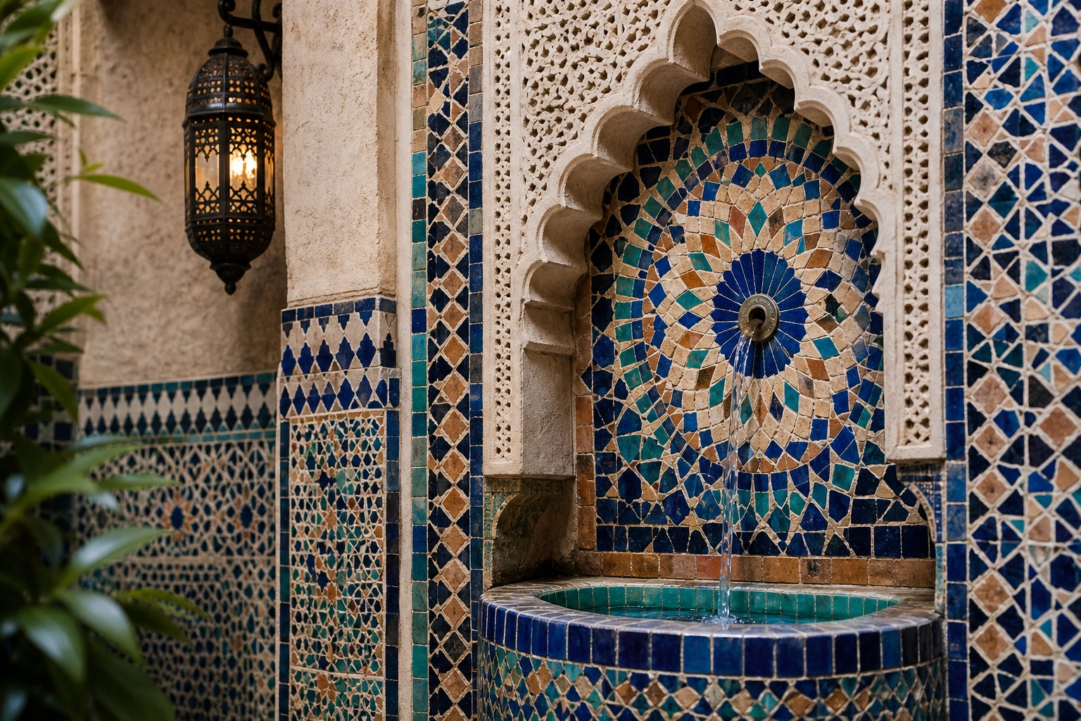 Détail de fontaine en zellige marocain